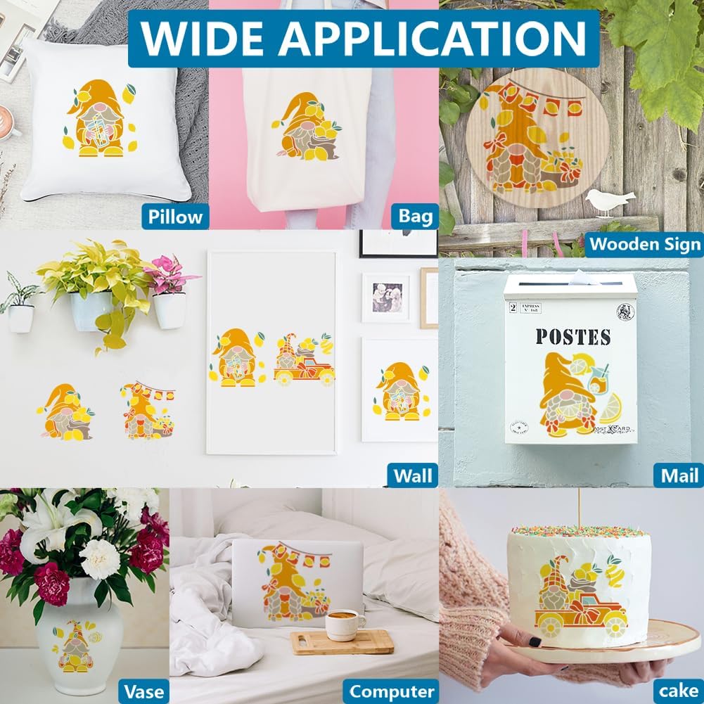 MAYJOYDIY 6pcs Lemon Gnome Stencils 8×8inch Gnome Themed Stencils with Paint Brush Reusable Summer Lemon Juice Truck Drawing Template for Canvas Wall Wood DIY Craft Home Decor