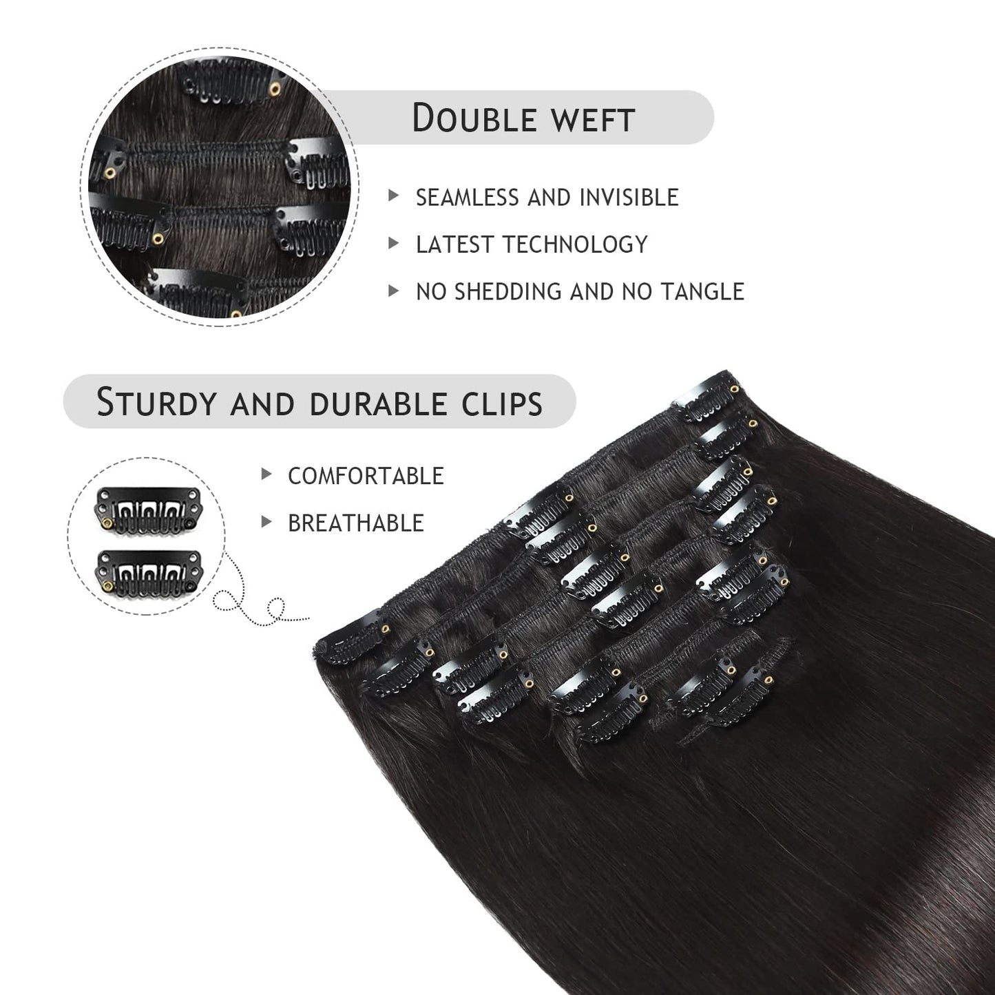 YILITE Clip in Hair Extensions Real Human Hair 8Pcs/Pack 120g Double Weft Invisible Off Black Straight Silky Hair Clip in Human