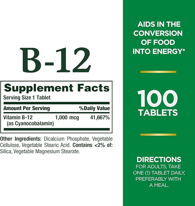 Nature's Bounty Vitamin B12, Supports Energy Metabolism, 1000 mcg, 100 Count,.