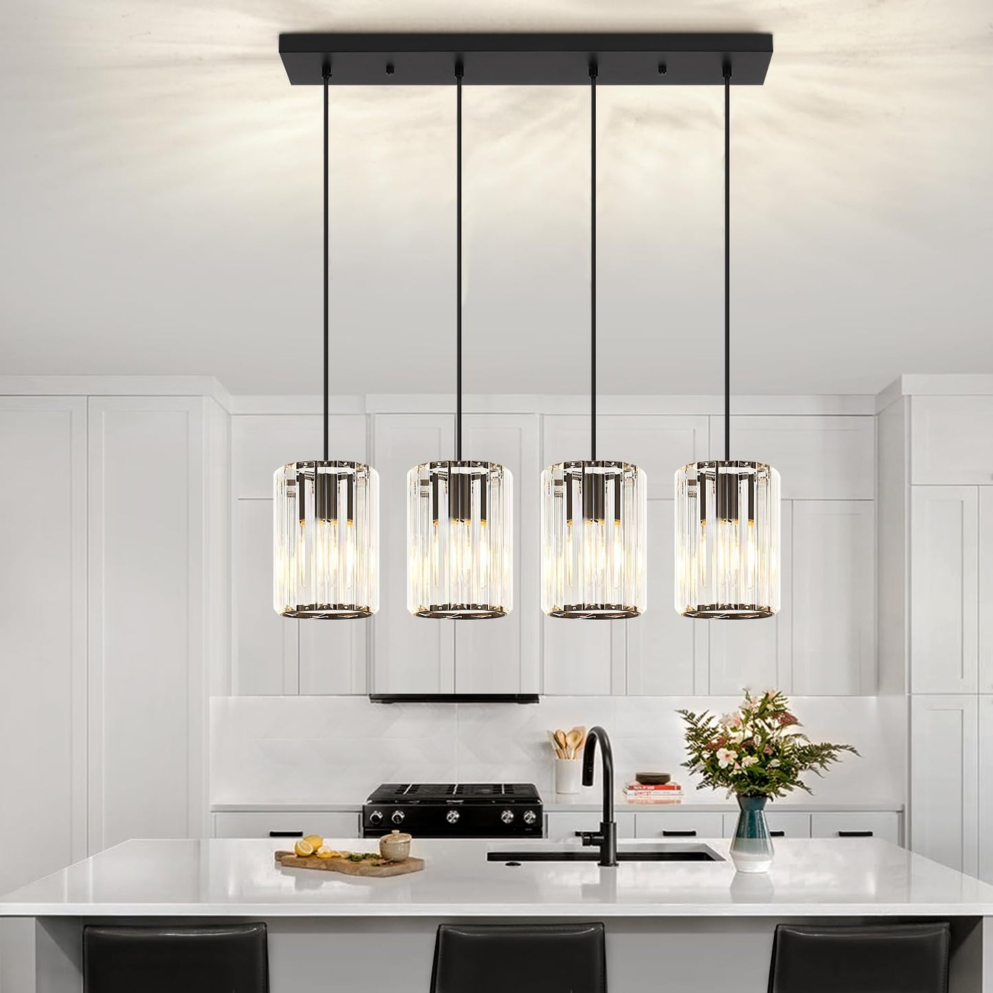 Crystal Kitchen Island Lights  4-Light Modern Chandeliers For Dining Room  Kitchen Pendant Lighting Over Island  Adjustable Height Ceiling Hanging Lights For Kitchen Bedroom Entryway Bathroom