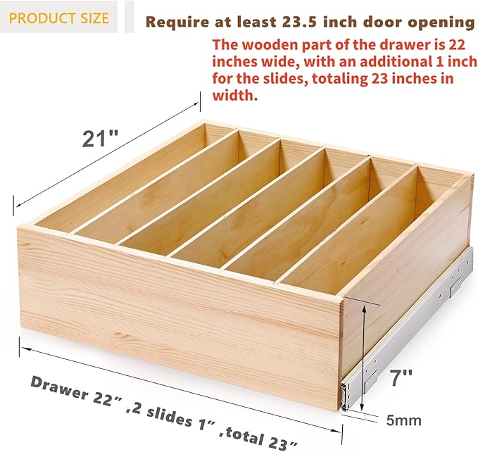 Pull Out Cabinet Organizer with Divider, 23''W×21''D×7''H Soft Close Wood Drawer for Kitchen Pantry, Finished, Heavy-Duty, Bottom Assembly (Wood Drawer Part Width is 22'')