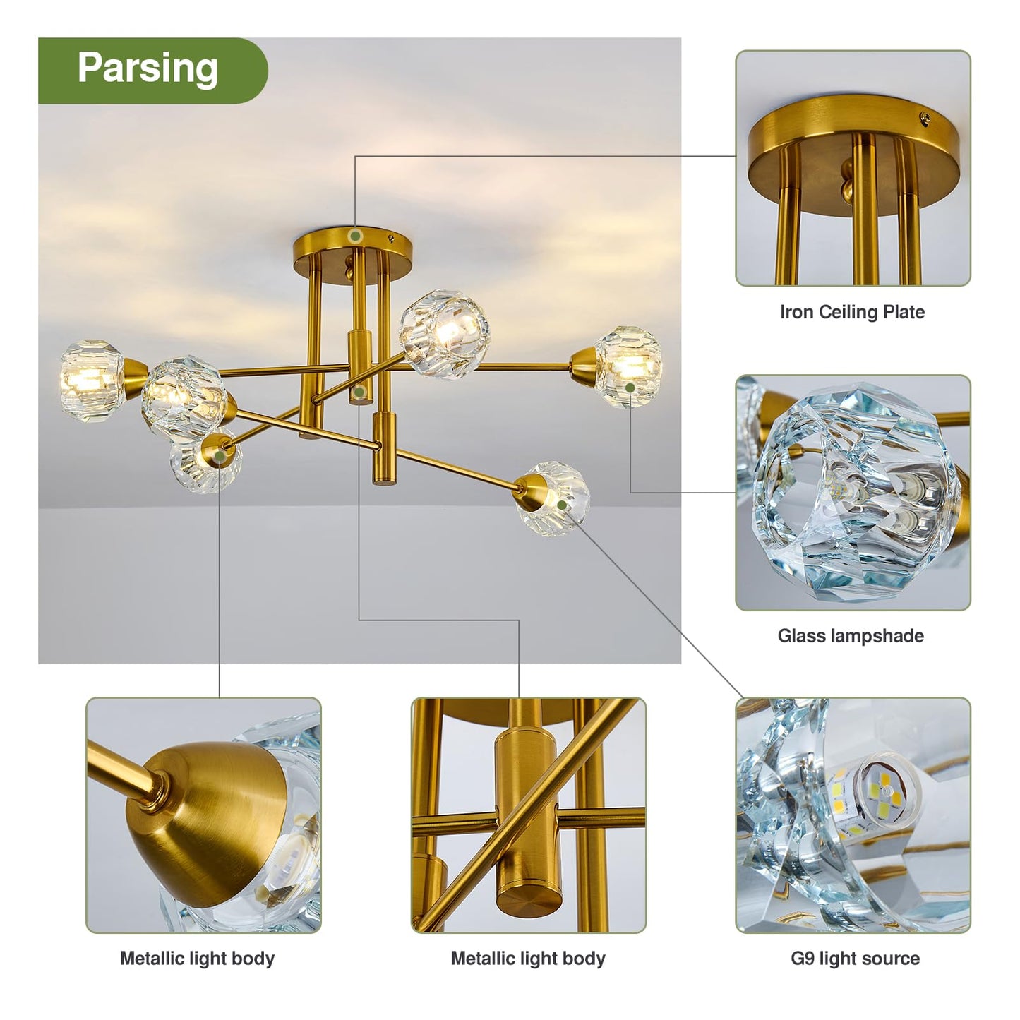 Szxykeji 6-Lights Glass Sputnik Chandelier Vintage Flush Mount Ceiling Light Fixture Gold Farmhouse Lighting For Dining Room Living Room Bedroom Kitchen Passageway.