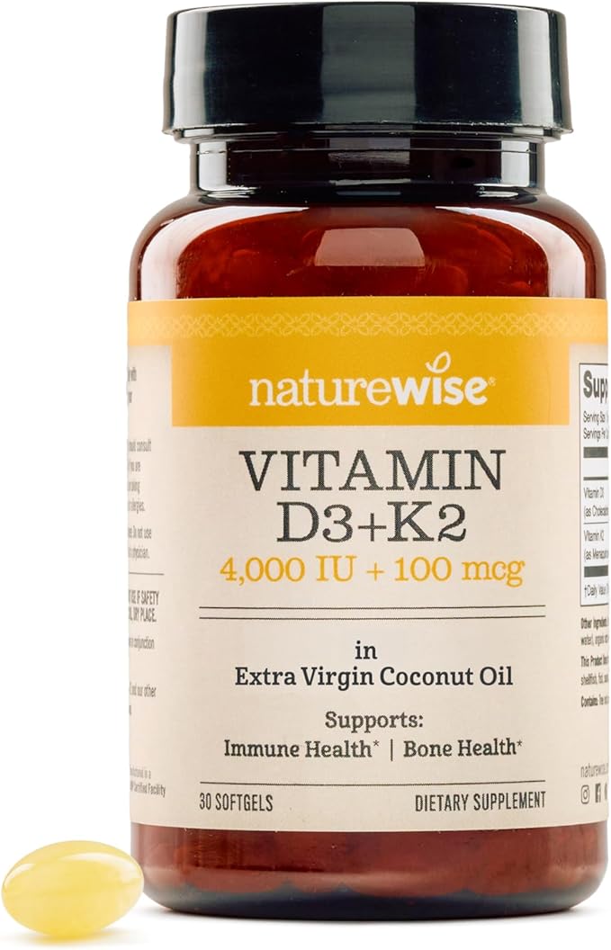 NatureWise Vitamin D3 4000IU + K2 (MK7) 100mcg with Organic Extra Virgin Coconut Oil - Supports Calcium Absorption, Bone & Immune Health - Non-GMO, Soy & Gluten-Free - 30 Softgels[1-Month Supply]