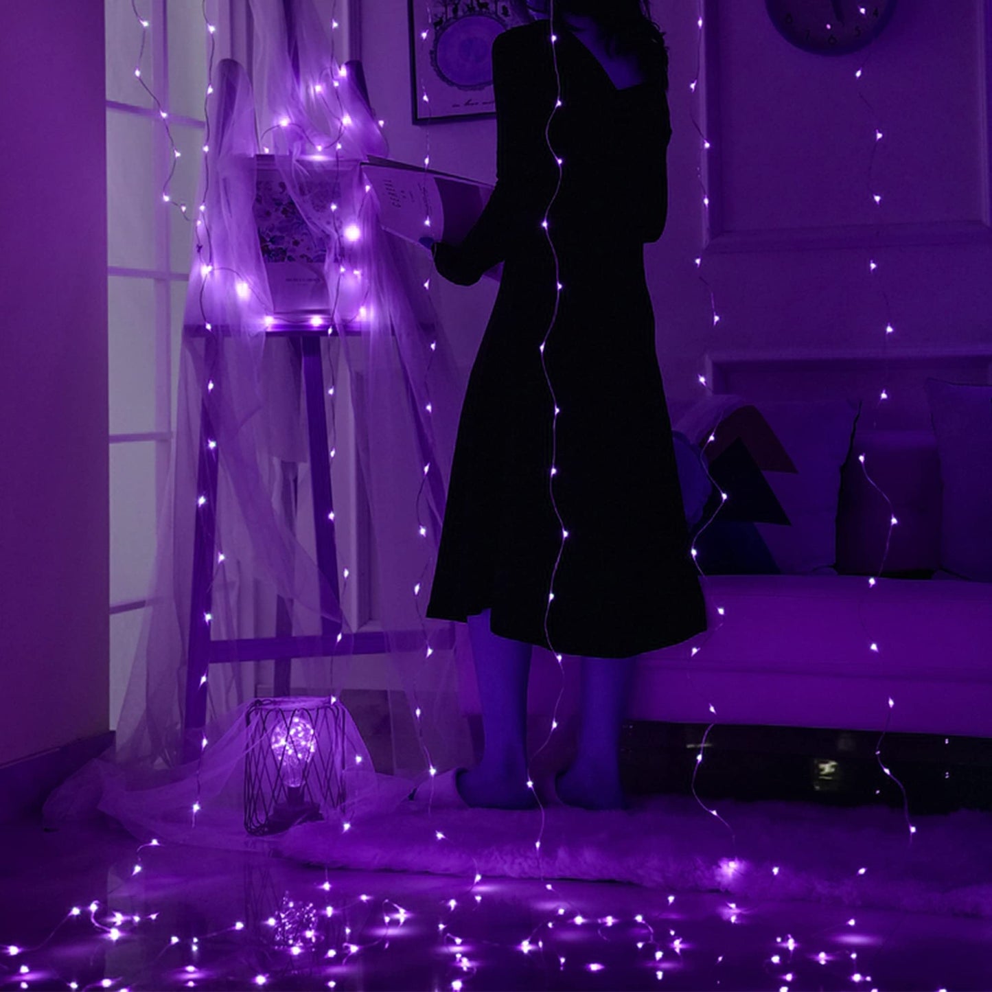 HOME LIGHTING Window Curtain String Lights, 300 LED, 8 Modes, USB Powered, Purple, Model: 78ee47ac-1dca-4f16-9396-269