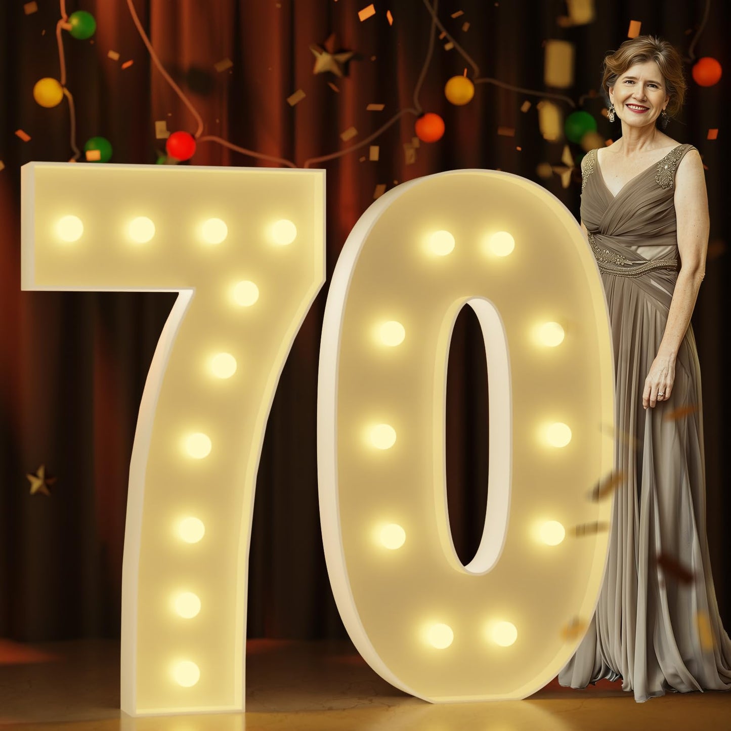 Marquee Numbers 4 Feet Tall Large Light Up Numbers 70Th Birthday Decorations Women Men Big Yellow Light Outdoor Anniversary Decorations Balloon Arch Kit Party Backdrop 70