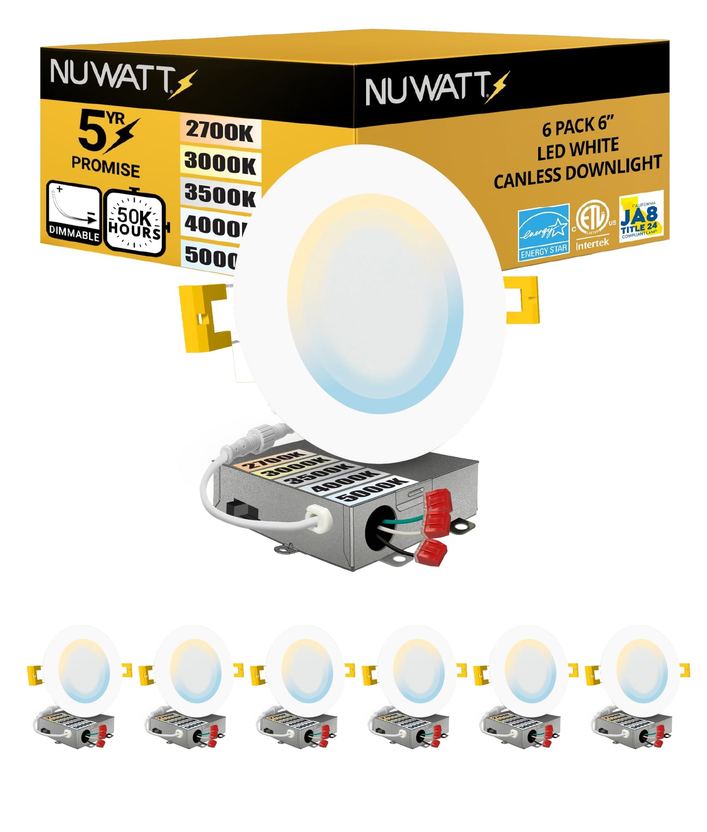 Nuwatt 6 Pack  6 Inch Ultra-Thin Led Recessed Lighting  Cct 2700K/3000K/3500K/4000K/5000K Selectable  1050Lm  15W  Dimmable  Ic Rated  Wet Rated  White Trim Canless Slim Wafer Light With Junction Box