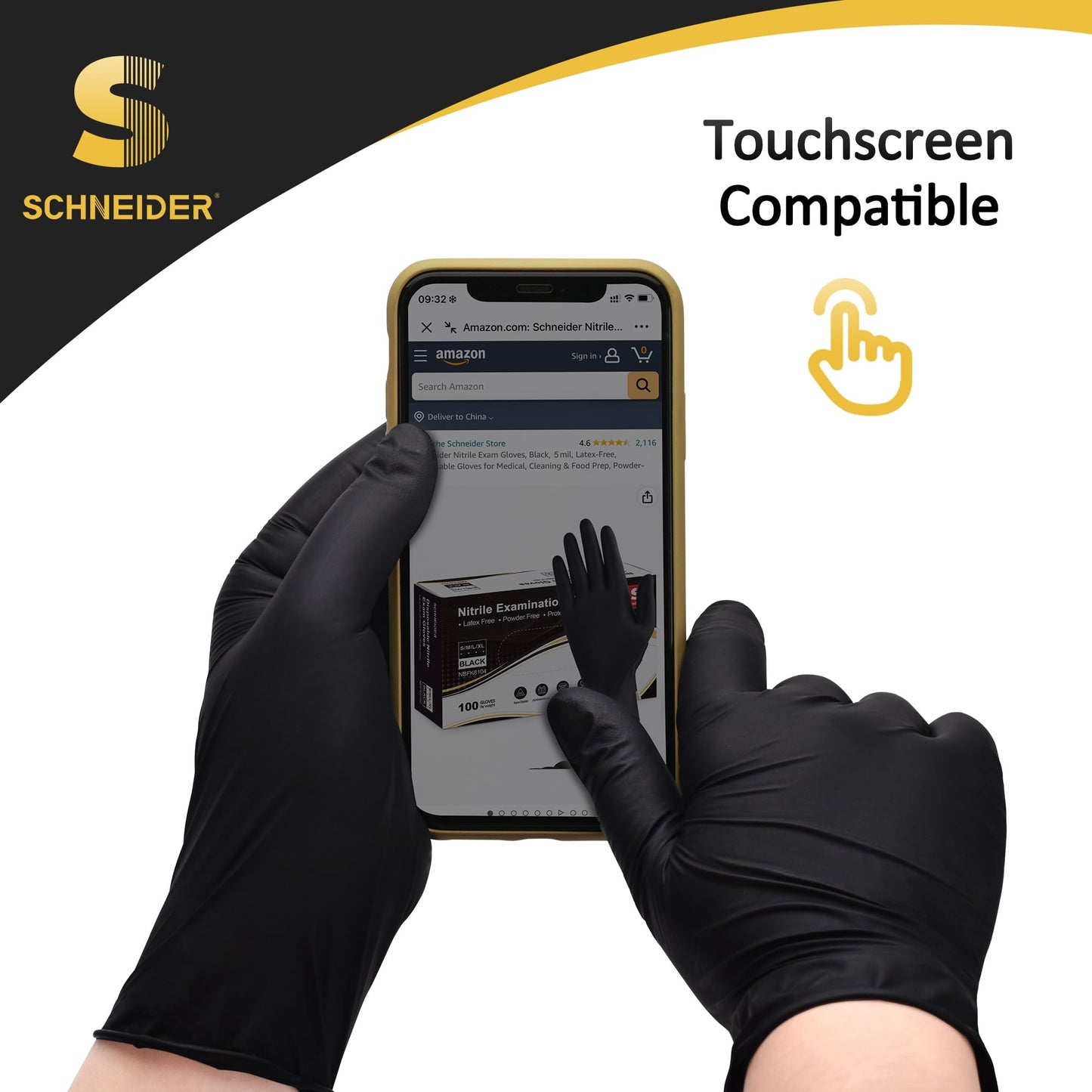 Schneider Nitrile Exam Gloves, Black Latex Free Powder Free Disposable Gloves for Medical, Cooking, Cleaning, and Food Prep (Large, 100)