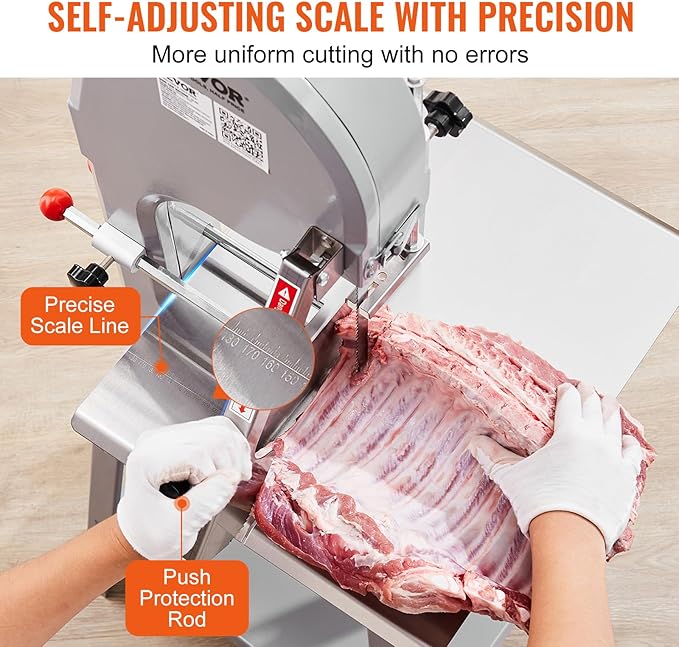 Commercial Electric Meat Bandsaw, 1500W Stainless Steel Vertical Bone Sawing Machine, Workbeach 19.3" x 15", 0.16-7.9 Inch Cutting Thickness, Frozen Meat Cutter with 6 Blades for Rib Pork Beef