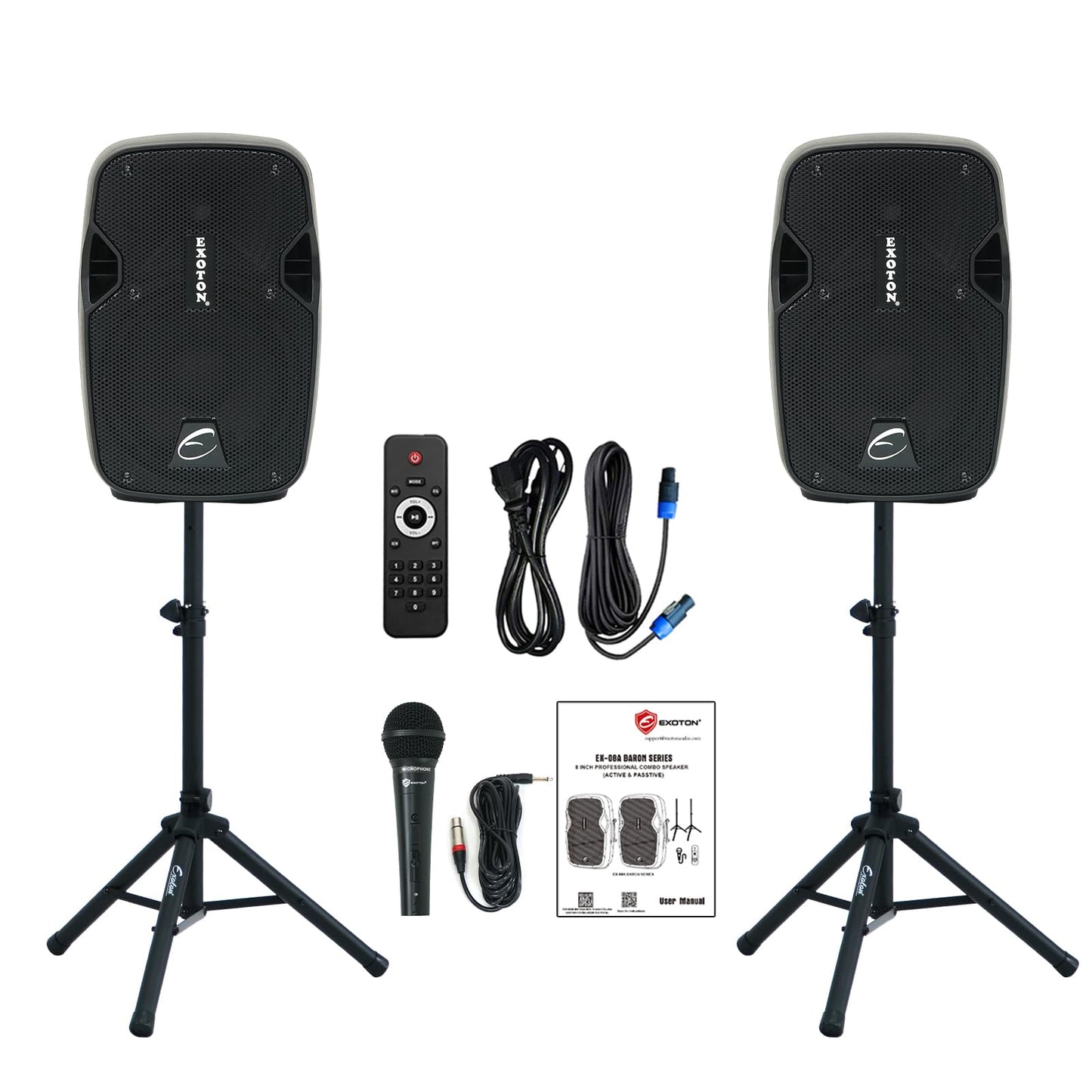 Exoton Exoton Ex-08A 8 Inch Professional Dual Powered Pa Speakers, 2-Way Active&Passive Loudspeakers, Pa System Combo Set With M