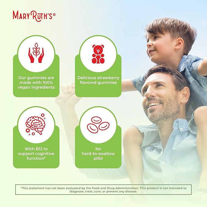 MaryRuth Organics Vegan Vitamin D3 + Vitamin B12 Gummies | 2 Month Supply | Supports Bone Health | Immune Support Supplement | Energy Supplements | Methyl B12 Vegan Non-GMO Gluten Free | 60 Servings