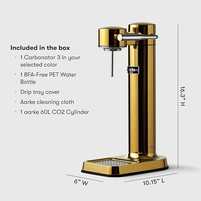 Aarke Carbonator lll with CO2 Cylinder, Sparkling & Carbonation Water Machine, Stainless Steel with PET BPA-Free Reusable Bottle Volume 1L/34 fl oz (Gold)