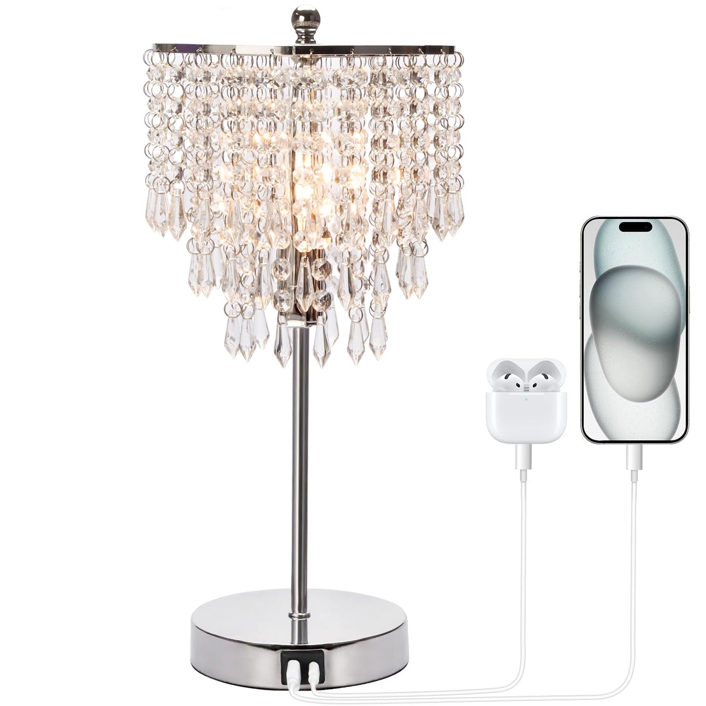 Seaside Village Touch Control Crystal Table Lamp, 3-Way Dimmable, Dual USB Charging Ports, Silver, Model 13047