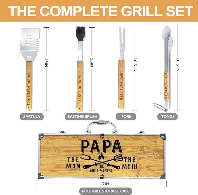 Papa Gifts from Grandkids, Gift for Papa Fathers Day Heavy Duty Wooden BBQ Grilling Accessories Kit for Backyard, Thick Stainless Steel Grill Utensils with Non-Slip Handle Tools in Portable Bag
