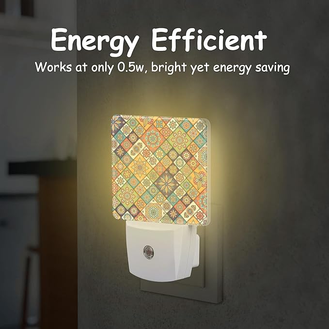 Vintage Bohemian Floral Patchwork Night Light Plug into Wall with Dusk to Dawn Sensor Energy Efficient LED Nightlight for Women Girls Boys Room Decor,Hallway,Kitchen,Bathroom,Nursery,Stairs