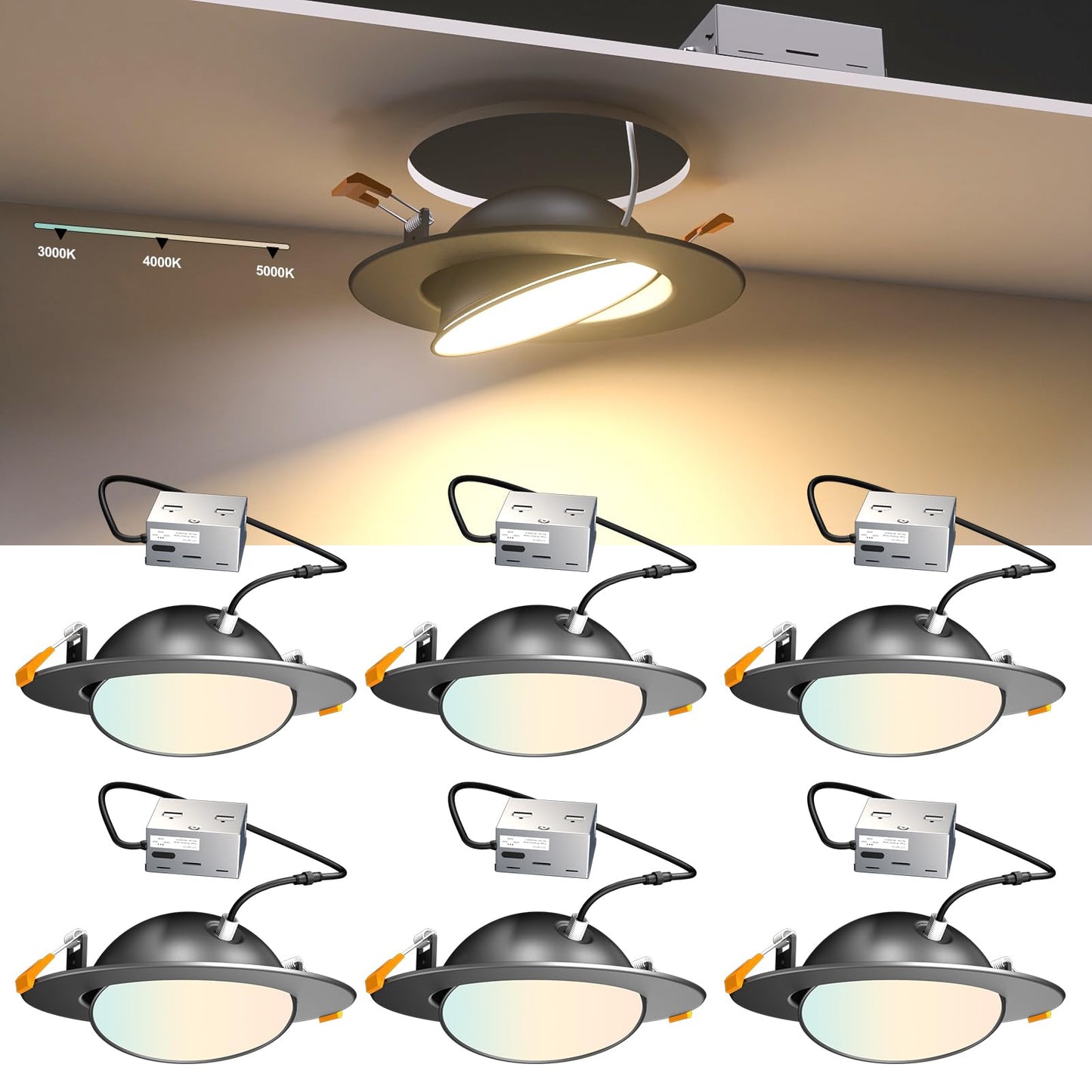 Lightdot 6 Pack 6 Inch Led Gimbal Recessed Lighting  360+90 Adjustable  3Cct Selectable & Dimmable (5%-100%)  1300Lm Ultra Bright Canless Downlight  Etl/Fcc Certified For Living Room/Kitchen-Black