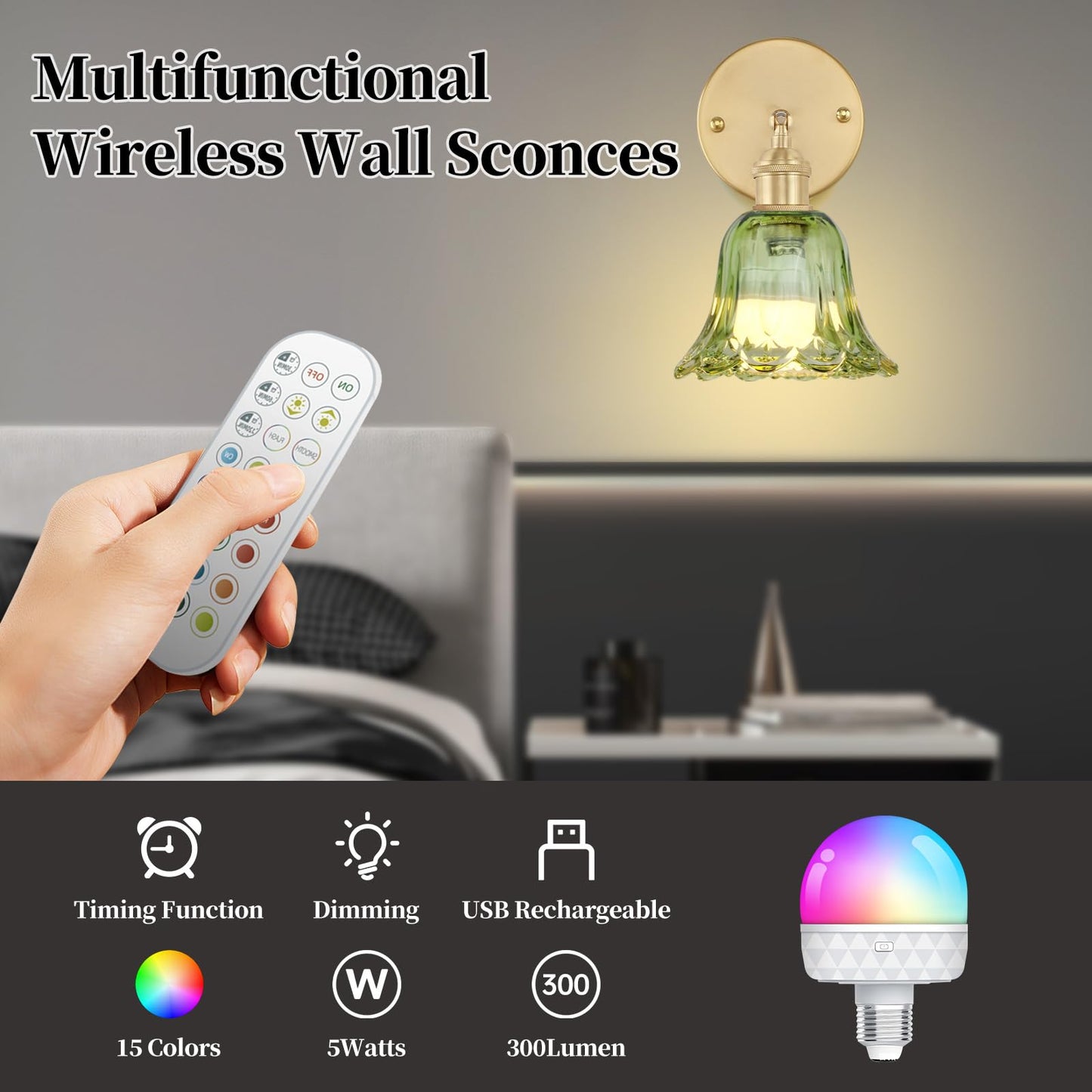 GEEZO Vintage Battery Operated Wall Sconce with Remote Control, Pineapple Green, 1 Pack, Model GEEZO-Y-2, Polyester Material