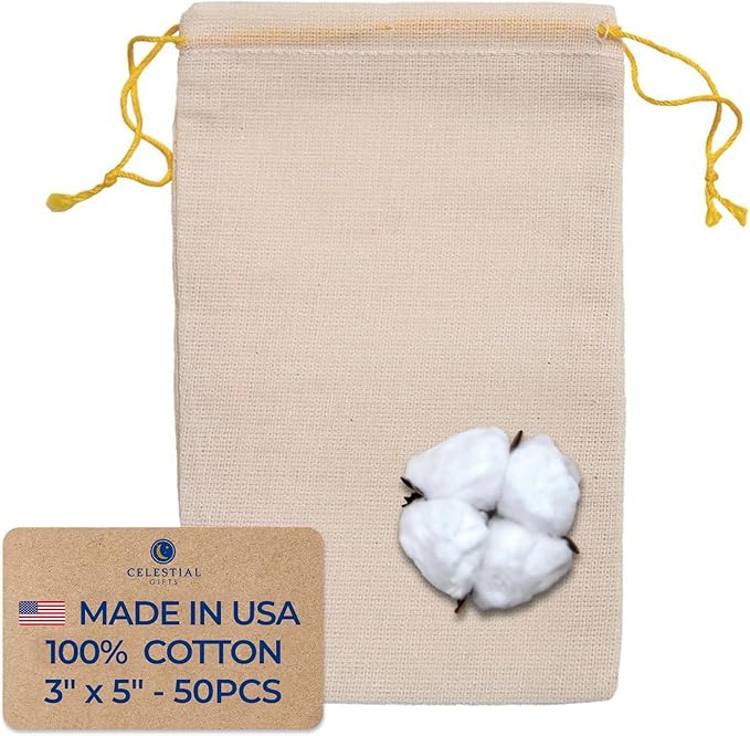 Celestial Gifts Muslin Bags - Double Drawstring Bags Small 50pcs - 3x5, Reusable Tea, Jewelry, Gift, Spice and Sachet Bag - 100% Cotton - Made in USA - (Natural Hem & Yellow Double Drawstring)