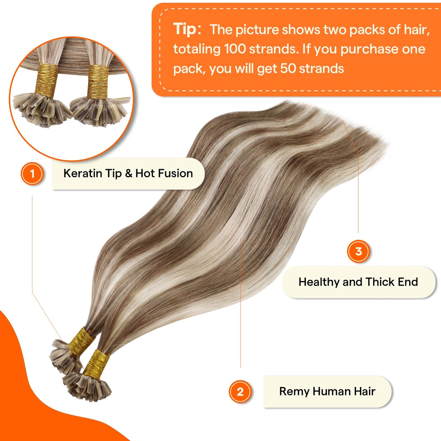 Full Shine U Tip Hair Extensions Real Human Hair 22 Inch Keratin Tip Hair Extensions Human Hair Brown with Blonde Highlight Fusi