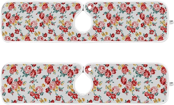 Kitchen Faucet Absorbent Mat,Rose Floral Flower Water Splash Guard for Sink, Faucet Drip Catcher Thicken Sponge Microfiber Faucet Water Catcher Mat Sink Absorbent Mat for Kitchen 14x5in 2Pack