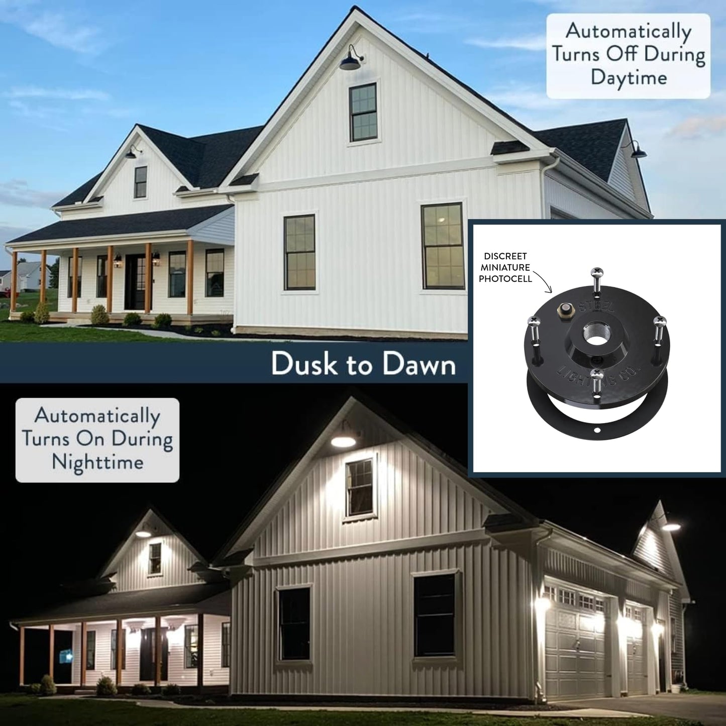 Steel Lighting Co. Gardena Barn Light - Outdoor Wall Mounted, 16in Dome, Upslope Gooseneck, Dusk to Dawn, White