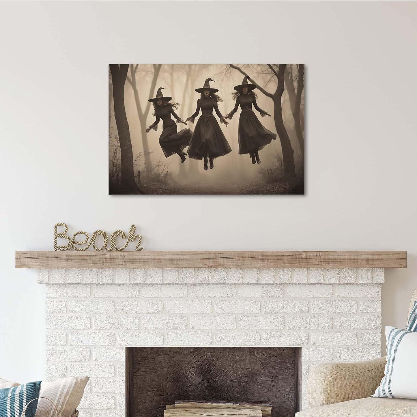 JFHCQJPK Three ghost witches flying in vintage forest gothic wall art witchcraft decoration holiday gift canvas wall art print32x48in Frameless