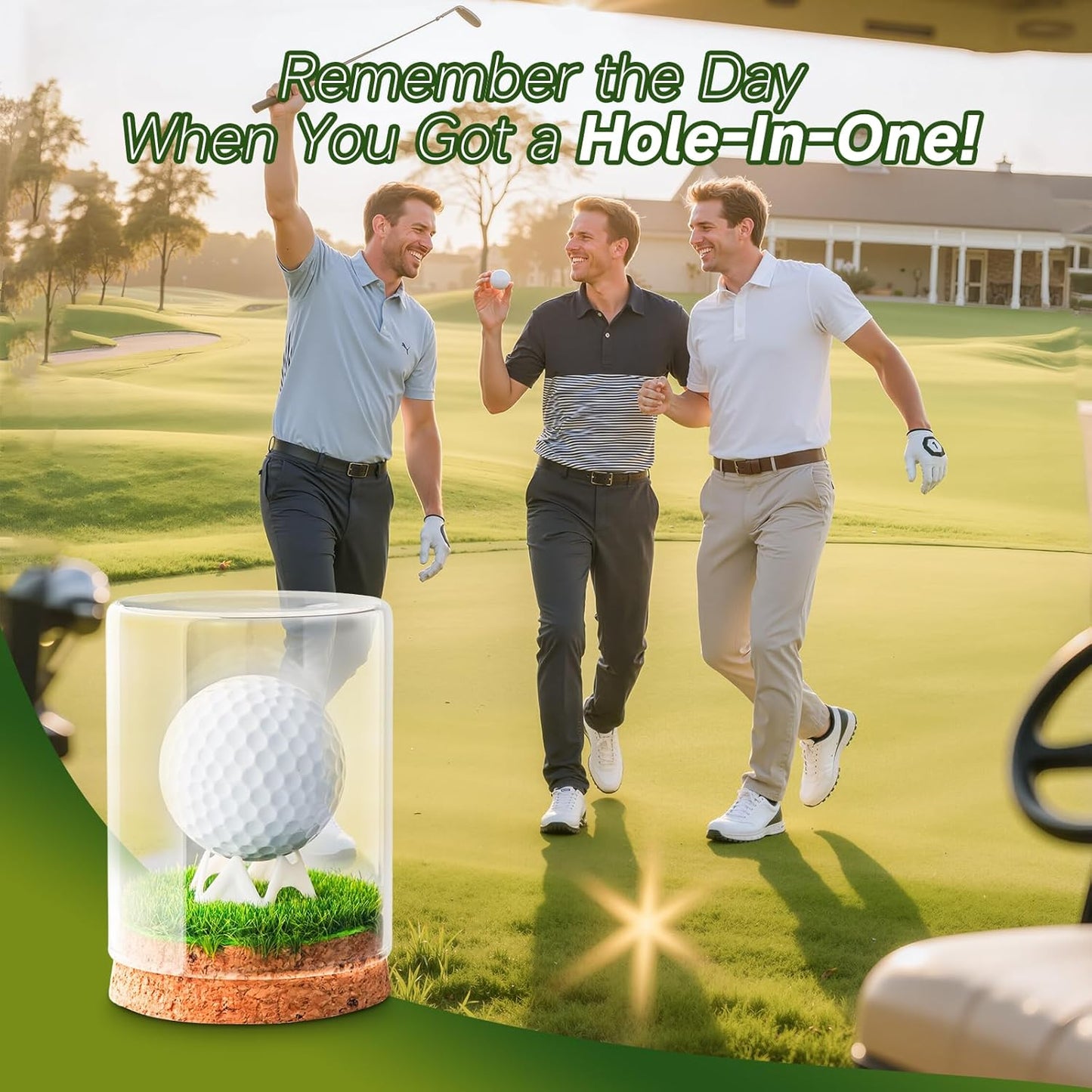 Rocalt Golf Ball Display Case, Hole in One Golf Ball Display Case, Clear Glass Golf Ball Holder with Cork Base, Lifelike Turf, and Plastics Tee, Golf Gifts Decor