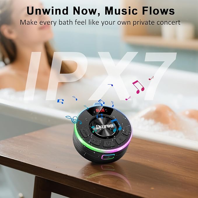 Certified IPX7 Waterproof Shower Bluetooth Speaker, Portable Shower Speaker Loud Clear Sound with Suction Cup, Wireless Portable for Bathroom, Hook Clip, Built-in Mic, 10H Playtime, Great Gift Idea