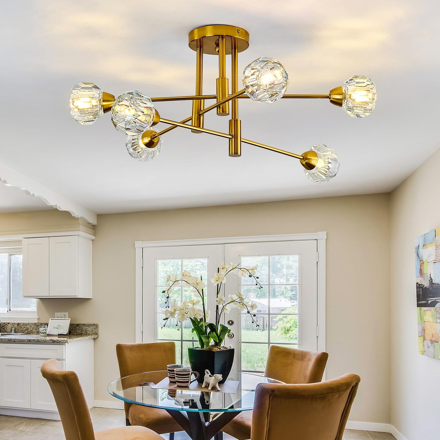 Szxykeji 6-Lights Glass Sputnik Chandelier Vintage Flush Mount Ceiling Light Fixture Gold Farmhouse Lighting For Dining Room Living Room Bedroom Kitchen Passageway.