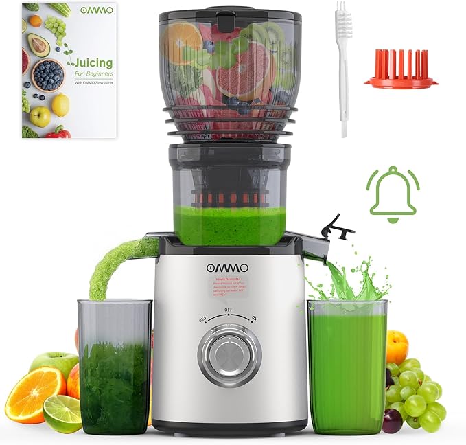 OMMO Juicer Machines, 300W Cold Press Juicer for Whole Vegetables & Fruits with 6'' Large Feed Chute, Slow Masticating Juicer Easy to Clean, High Juice Yield, BPA Free, Sliver
