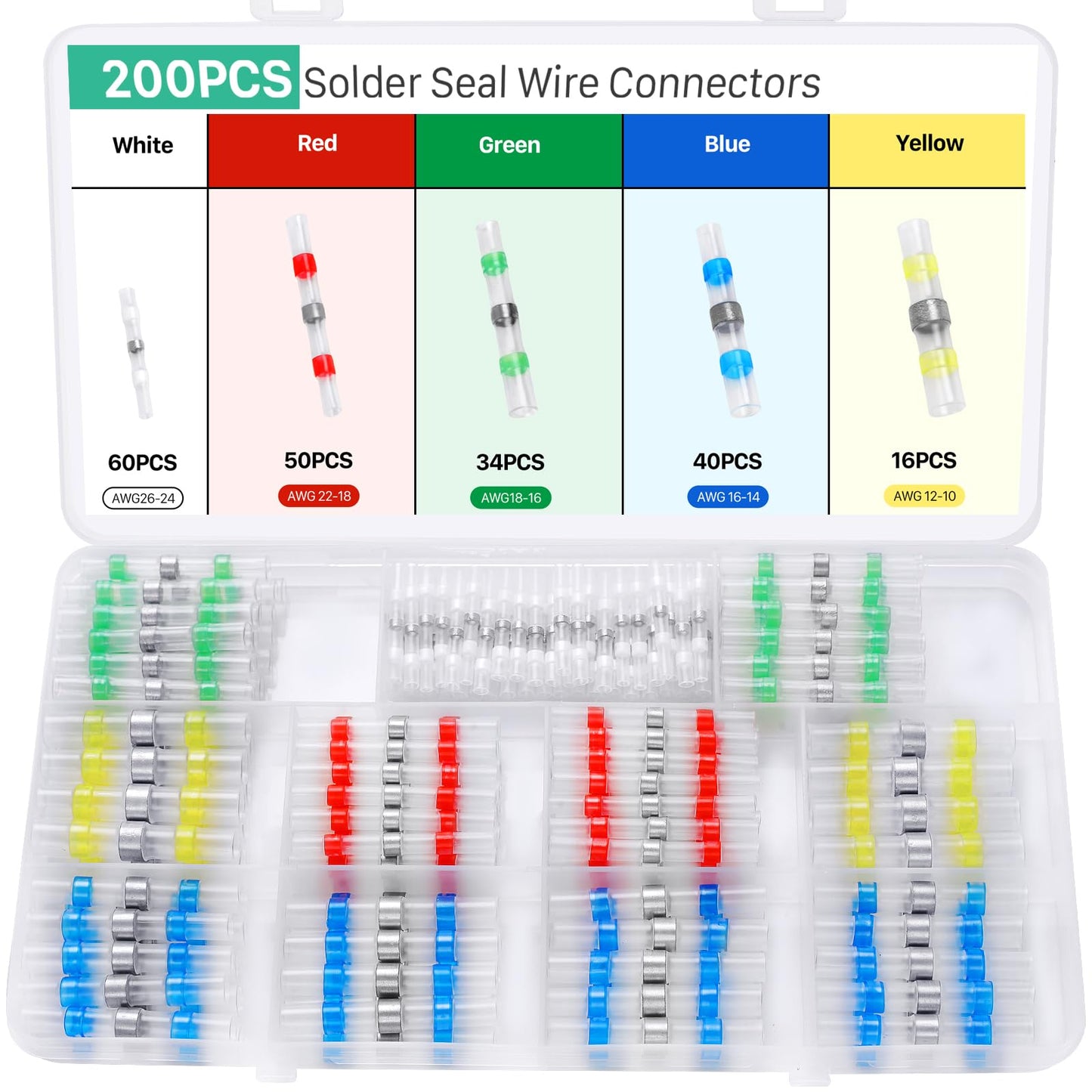 YNZDRWA 200PCS Solder Seal Wire Connectors Kit, Upgraded Heat Shrink Butt Wire Connectors, Waterproof Electrical Butt Splice Wire Terminals for Marine Automotive Trailer RV Boat Truck Wiring