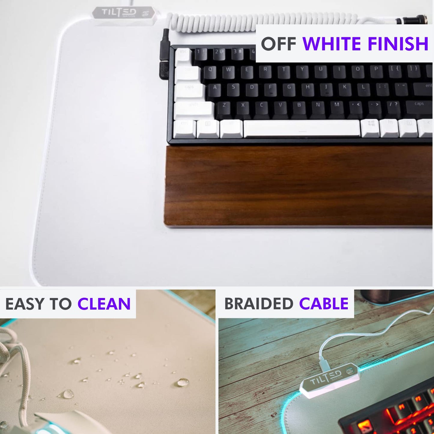 Tilted Nation Bone White Gaming Mouse Pad RGB - Large LED Mousepad - LED Desk mat with 8 Adjustable Light Modes - Non Slip Rubber Base, Easy to Clean Water Proof Surface Mat for Keyboard and Mouse