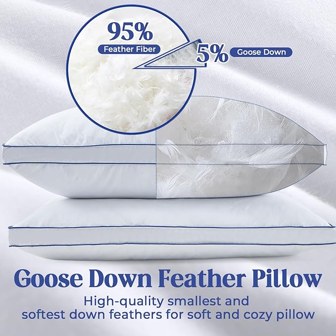 puredown Feather Down Pillows Set of 2, Luxury Goose Feather Pillow for Sleeping, Organic Cotton Cover Hotel Collection Bed Pillows (Queen)