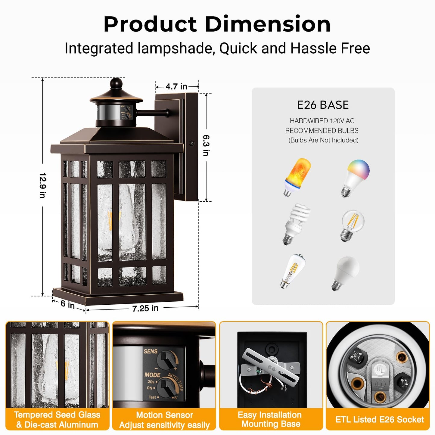 Opaxis Outside Lights For House With Motion Sensor  Orb Exterior Lighting Fixtures  Dusk To Dawn Outdoor Wall Lights Lantern  Outside Light Fixture Sconce For Patio  Garage  Waterproof Anti-Rust