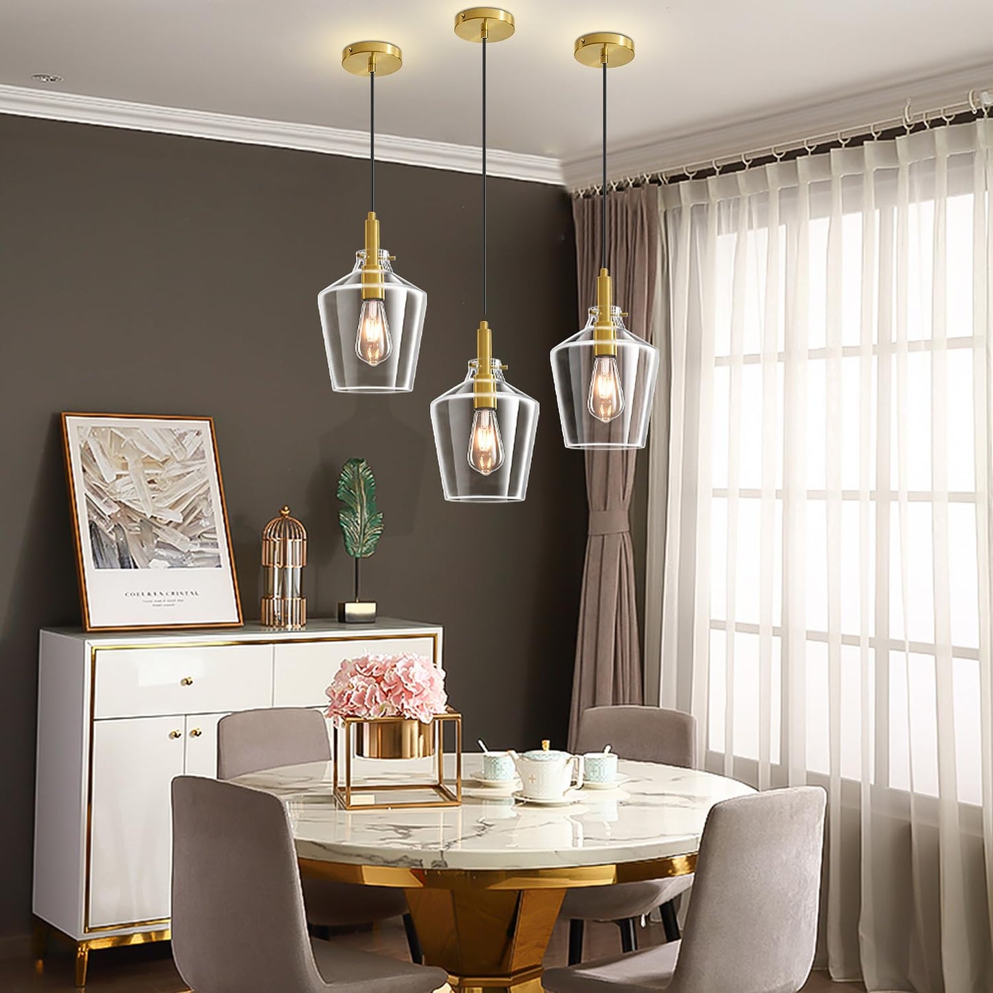 Vaziden Modern Glass Pendant Lighting For Kitchen Island  Farmhouse Gold Pendant Light Fixtures 1 Pack  Adjustable Hanging Ceiling Light Angled Clear Glass Shades 8 Inch