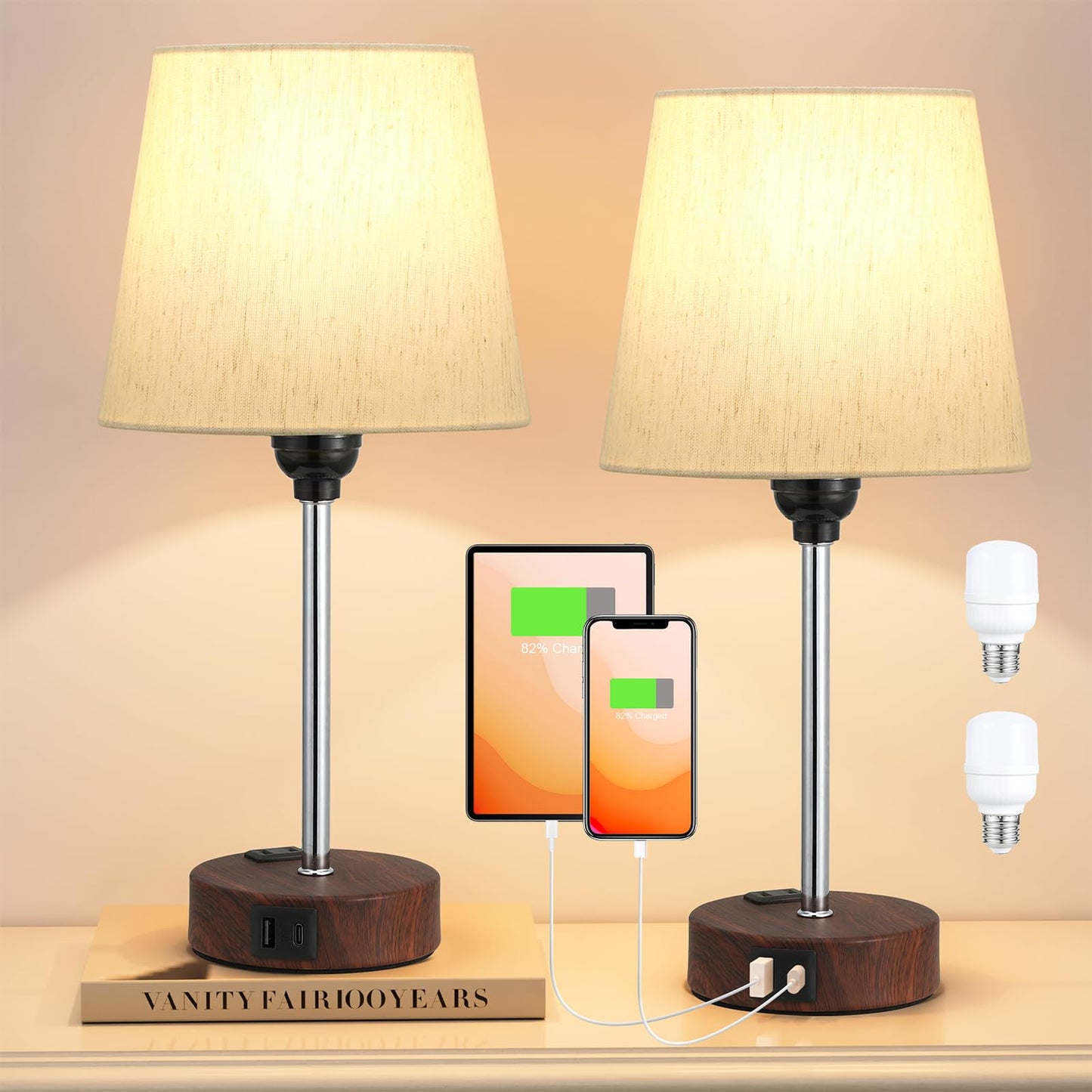 Acaxin Reddish Brown Bedside Lamps Set of 2, 3 Way Dimmable Touch Control, USB C Port, AC Outlet, Model ACA-TL20-Beige-Brown Wood