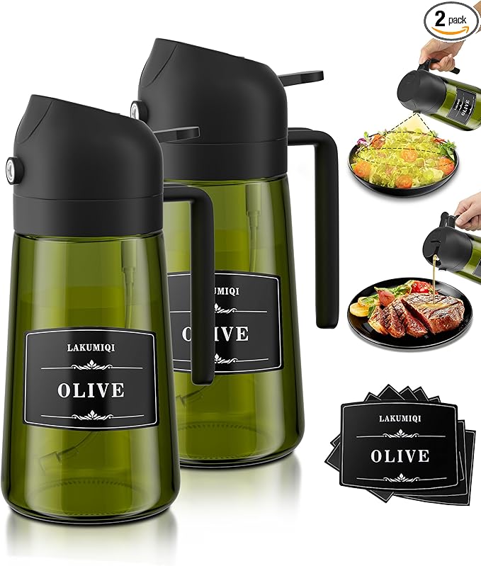 2 in 1 Oil Sprayer for Cooking 16oz, Green Light-Blocking Glass Olive Oil Dispenser Bottle, Food-Grade Oil Mister with 8 Stickers for Kitchen Salad Frying