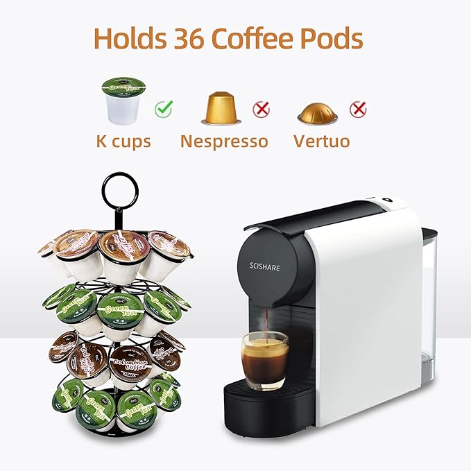 K-Cup Pod Carousel Holder and Organizer for 36 Pods - Spins 360 Degrees, Detachable, Modern Metal Design in Black for Home and Office Counters