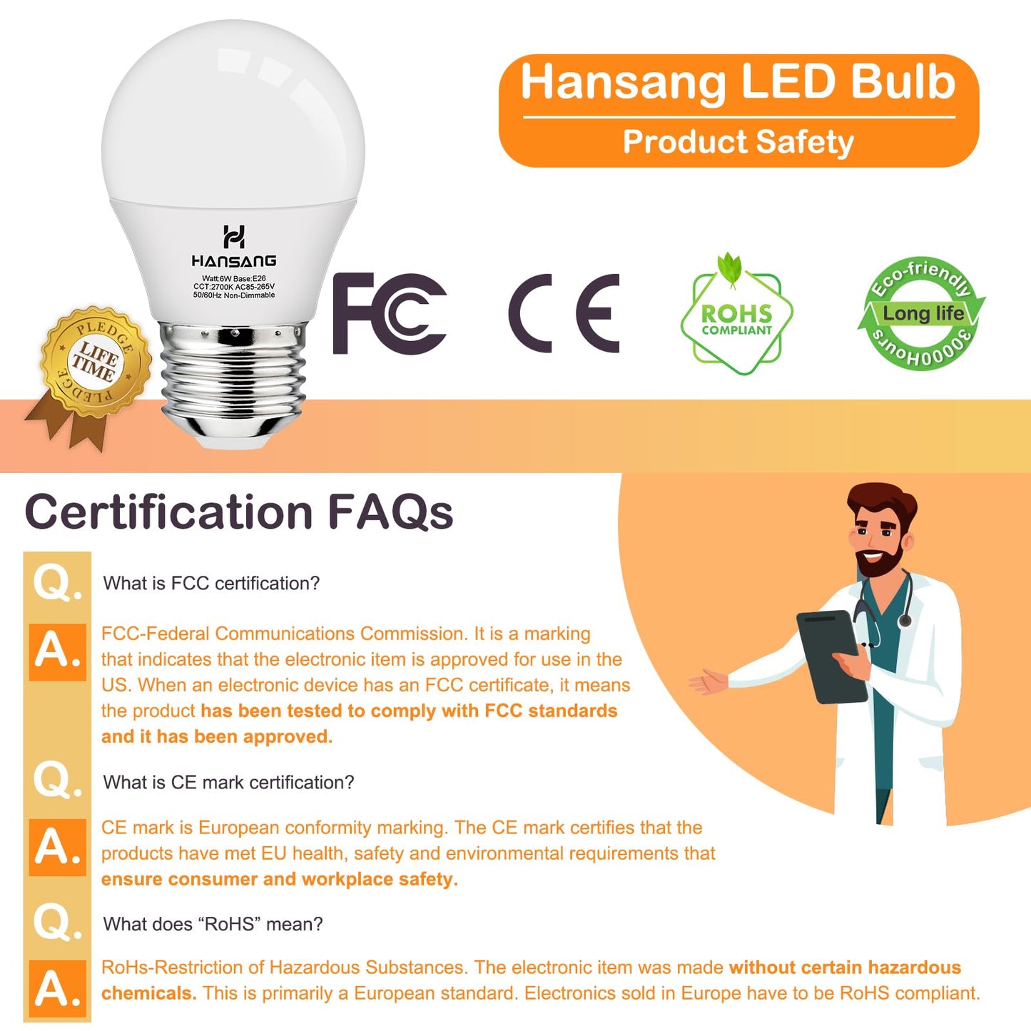 hansang E26 LED Light Bulb, 2700K Warm White, 60W Equivalent, A15, 600lm, 6 Pack, Aluminum