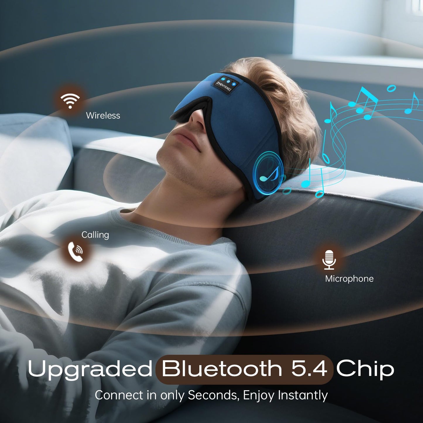 ZHENYEMEI 3D Sleep Mask with Bluetooth Headphones, Sleeping Headphones for Side Sleepers, Wireless Music Eye Mask with Ultra-Thin Stereo Speakers for Men, Women, Tech Gifts, Deep Blue