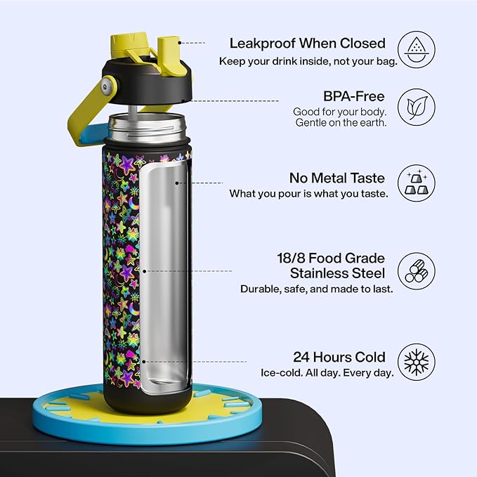 ENCOOL Insulated Water Bottle with Straw Stainless Steel Water Bottle, Leak-Proof, BPA-Free, Double Wall Vacuum Keeps Cold for 24 Hours for Sports, Travel, School (26 oz, Neon Galaxy)