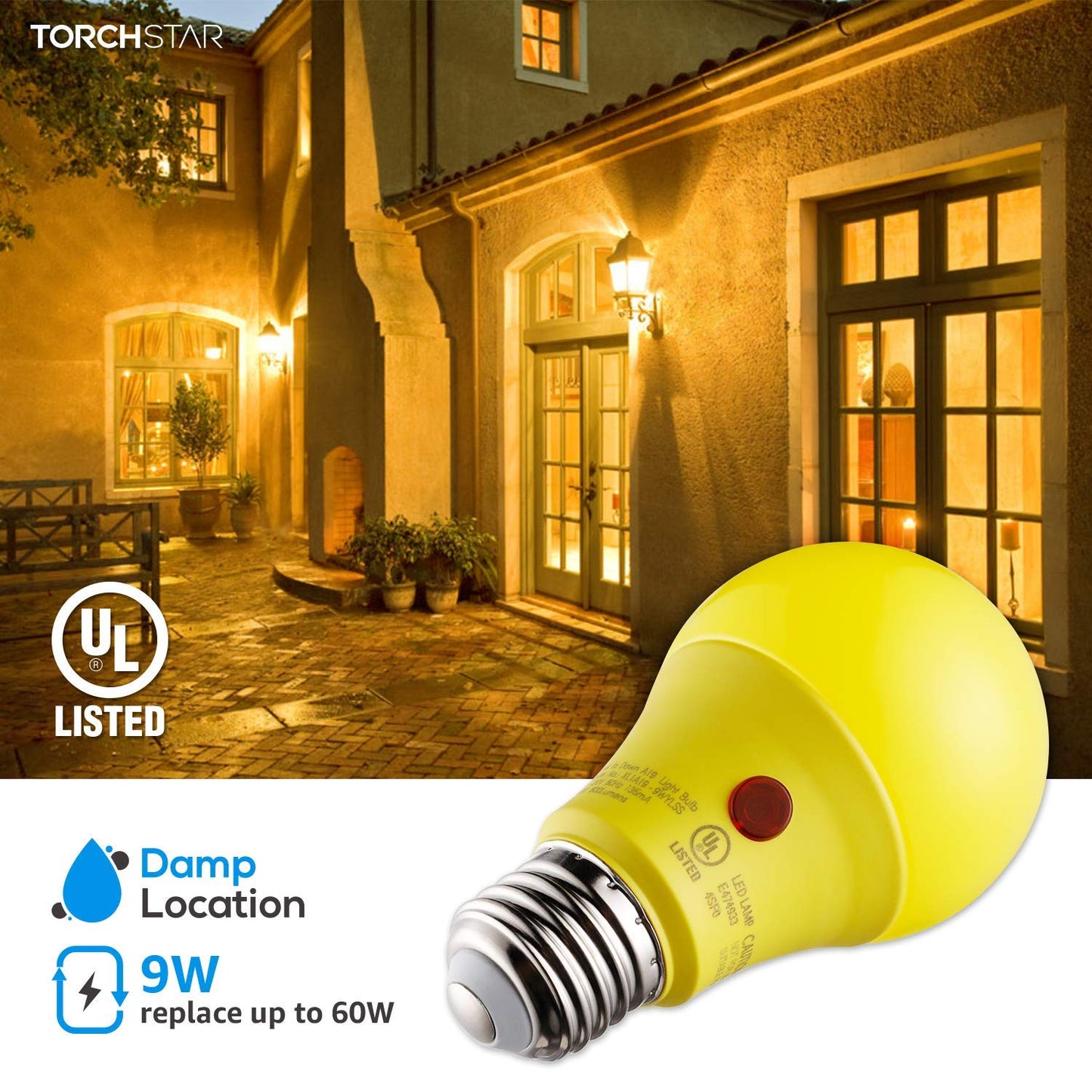 TORCHSTAR Yellow Dusk to Dawn Light Bulbs Outdoor, Sensor A19 LED Light Bulb, Auto On/Off Photocell Automatic for Outdoor Lighting, UL FCC DOE, 2700K, Pack of 4