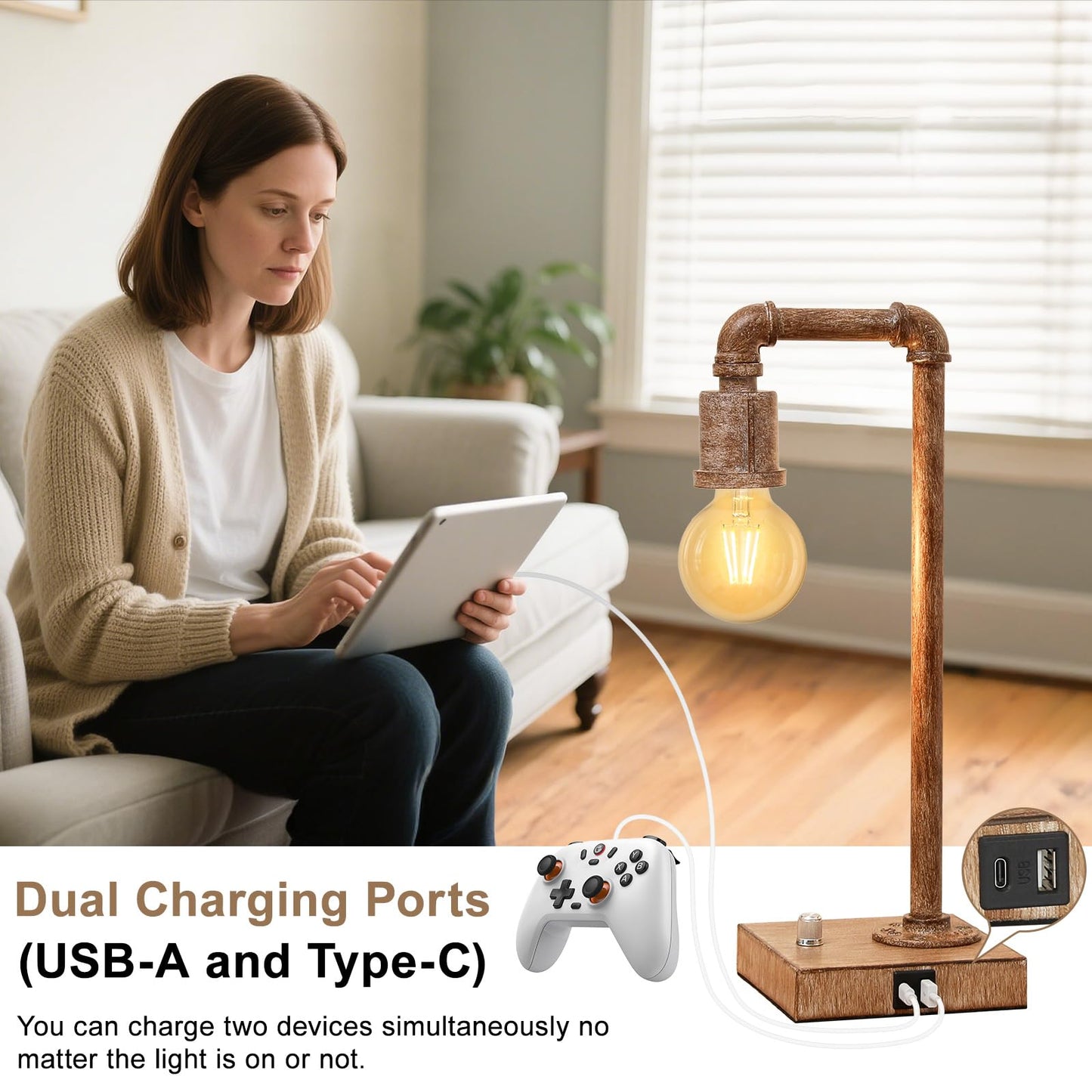 Seaside Village Steampunk Table Lamp with USB Ports, Dimmable, 5.59inx5.59inx16.14in, Brushed Rustic Wood, Model SG-Lamp-S-RW