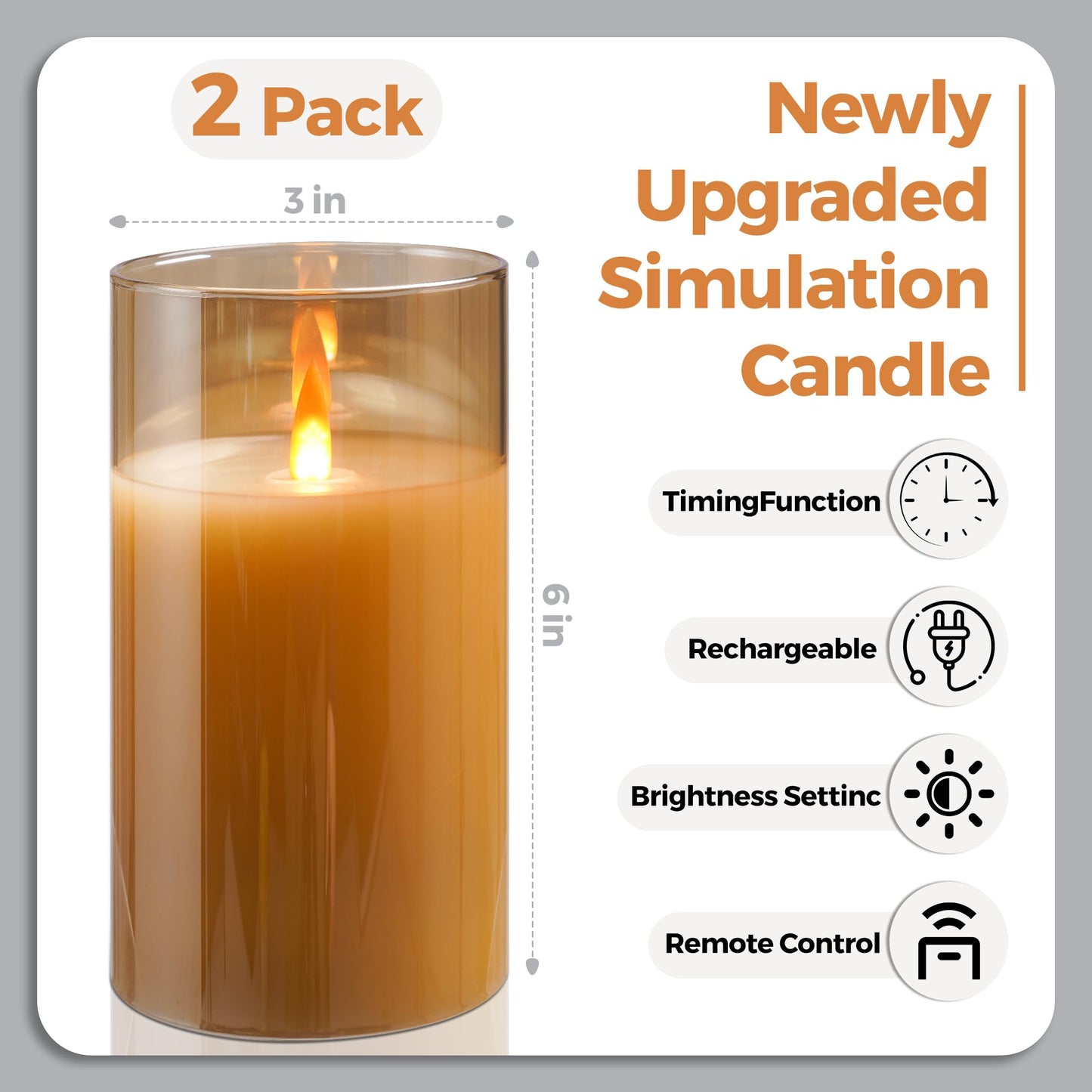 haitanghua 2 - Pack 6" Golden Rechargeable Flameless Pillar Candles with Remote & Timers，USB-Rechargeable Realistic Flickering Candles Real Wax - Ideal for Wedding & Festival Home Decoration