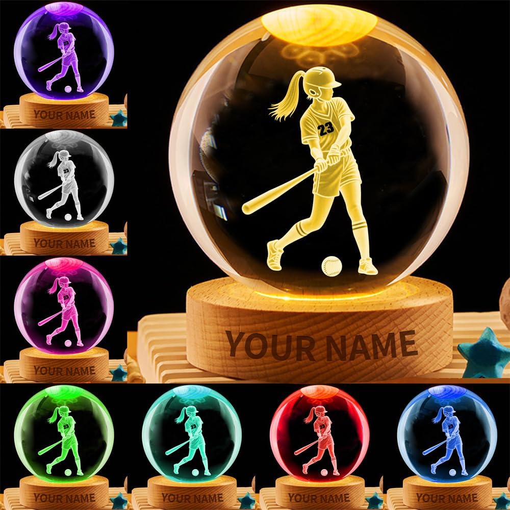 Personalized Softball Crystal Night Light Gift for Women, Custom Name/Number Softball Player 3D Crystal Ball Night Light Lamp for Bedroom Room Sports Decor Party Bar Christmas Birthday Gift