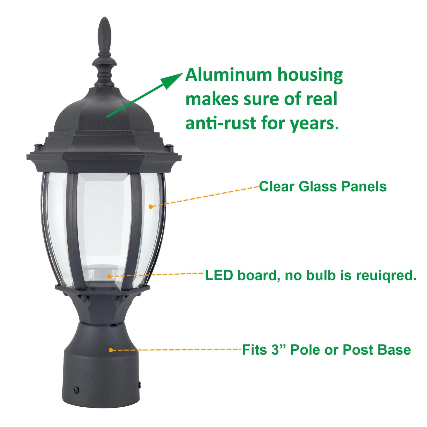 LIT-PaTH LED Outdoor Post Light, 9.5W 800 Lumens, 5000K Daylight White, Aluminum, Matte Black, Model LT-PL00150K,