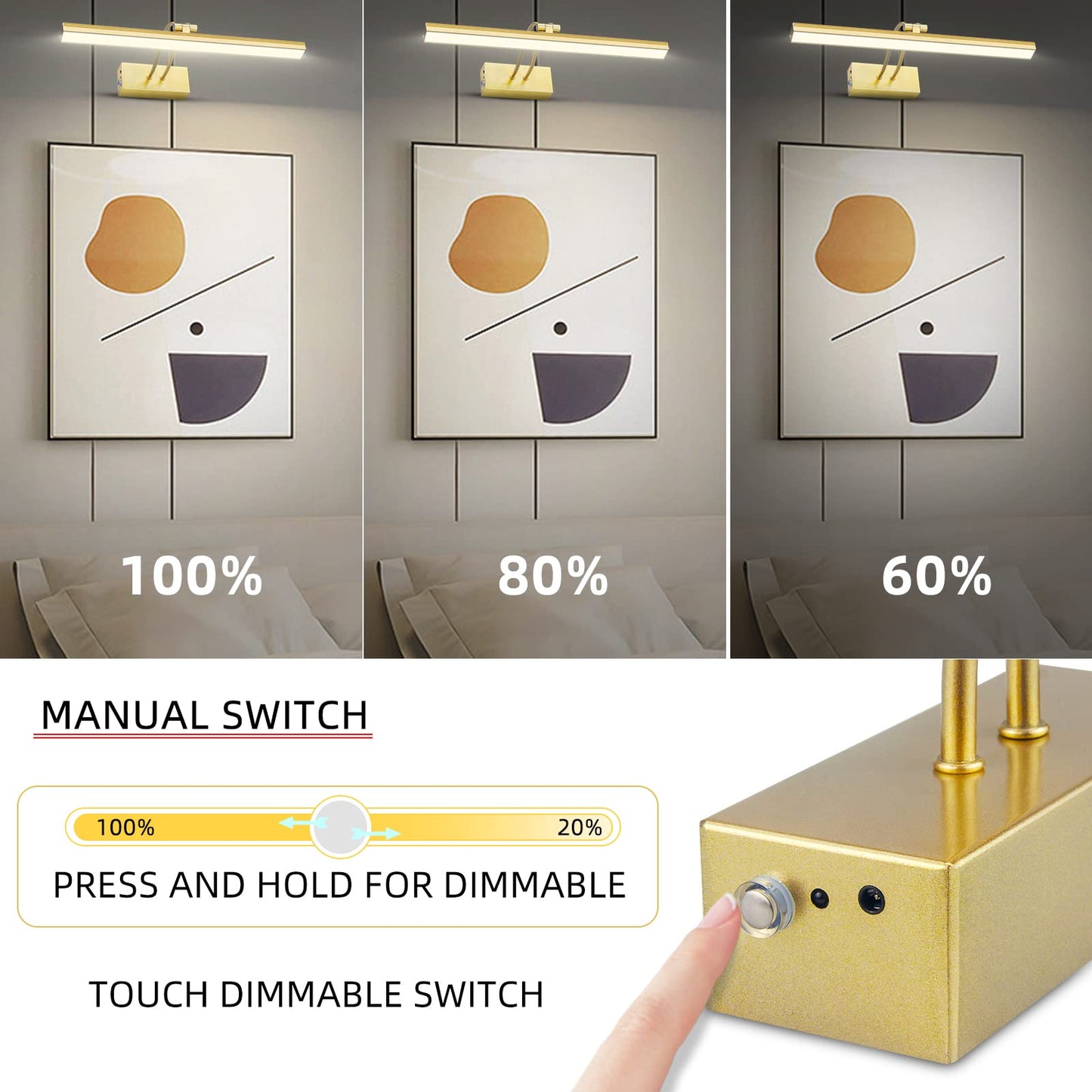 FUNCHDAY Picture Light - Battery Operated, Wireless Remote, Dimmable, 16in Metal Art Light, Gold, Model FC70155-AN
