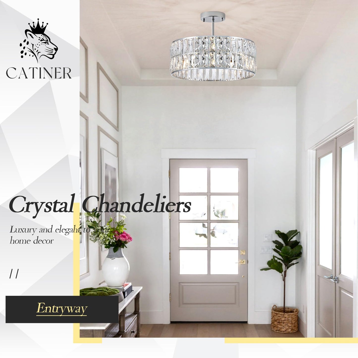 Catiner Modern Crystal Chandelier 18 Chrome Semi Flush Mount Ceiling Light Fixtures 6-Lights Drum Crystal Pendant Lighting For Dining Room Foyer Bedroom Living Room