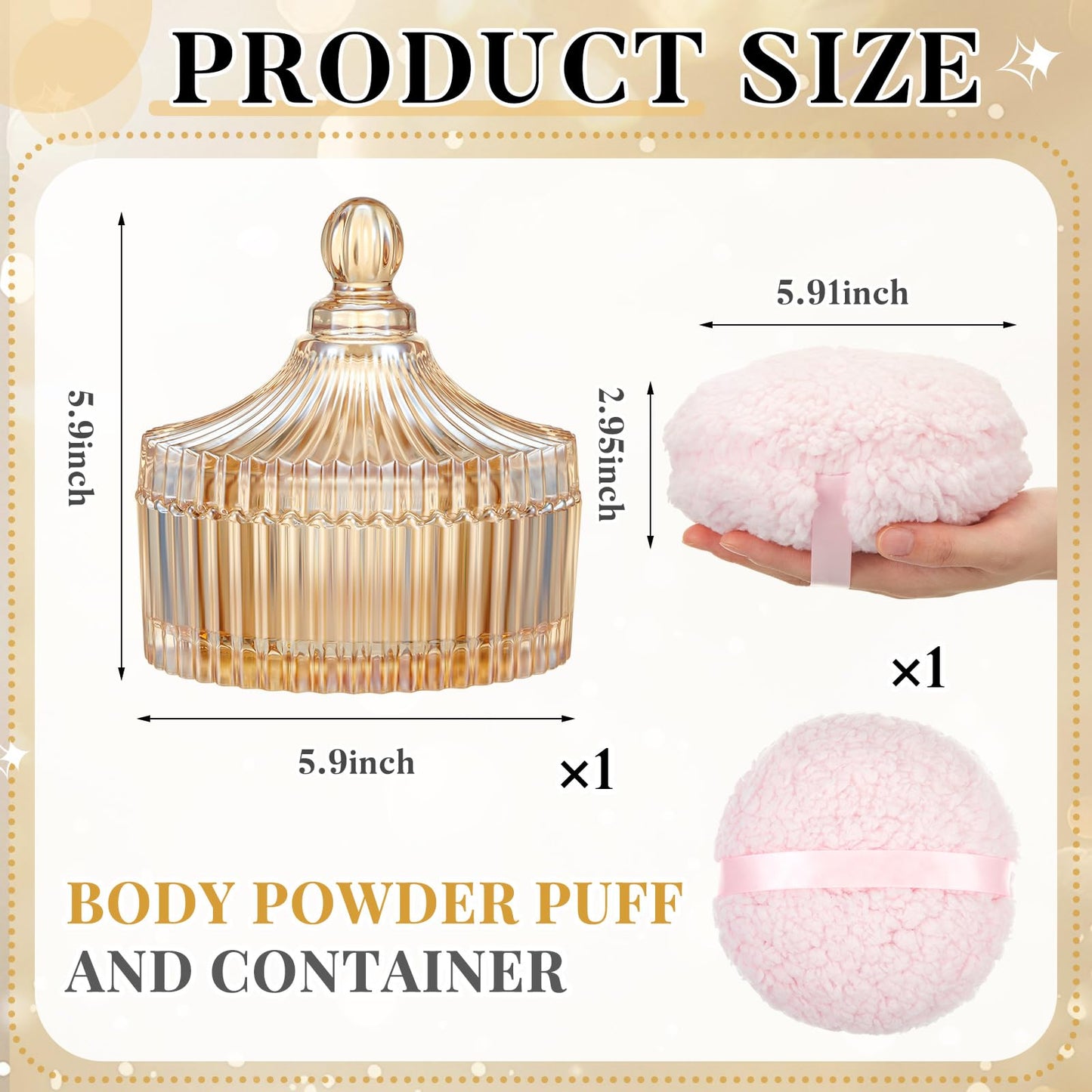 Tioncy 2 Pcs Extra Large Dusting Powder Puff and Container for Women-5.43'' Glass Crystal Dusting Powder Container with 5.91'' B