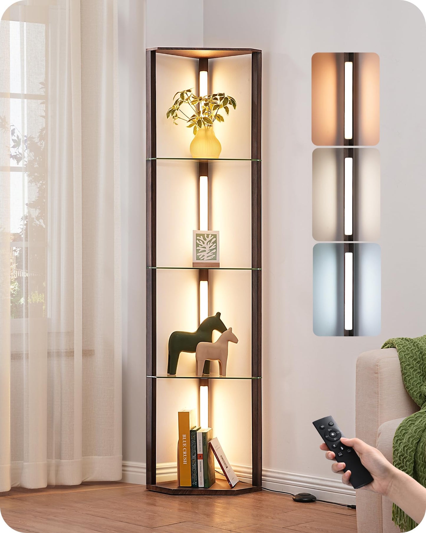 EDISHINE Floor Lamp with 5-Tier Glass Shelves, Dimmable, Remote/Foot Control, 63.7 inches, Walnut Color, Model HLFL06M