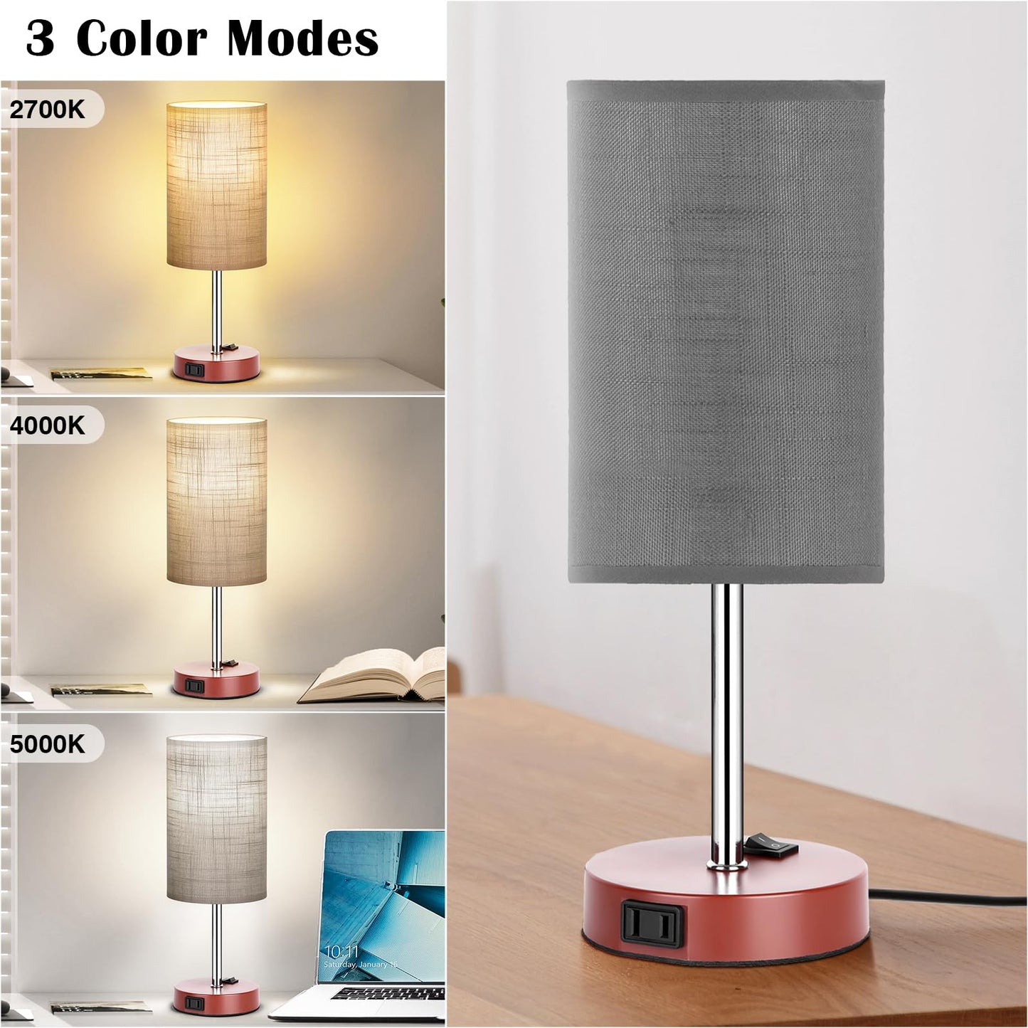 ZJOJO Table Lamp Set of 2, 3-Way Dimmable, Metal, Brown, Simple Round Model, with AC Outlets for Bedroom and Living Room
